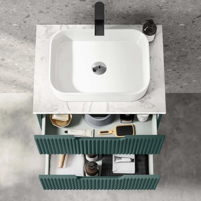 Crete Fluted Mystic Green Wall Hung Drawer Vanity with Marble Top & Marin Basin 600mm