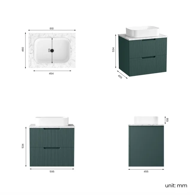 Crete Fluted Mystic Green Wall Hung Drawer Vanity with Marble Top & Marin Basin 600mm