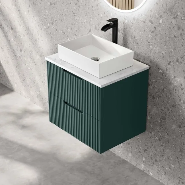 Crete Fluted Mystic Green Wall Hung Drawer Vanity with Marble Top & Cody Basin 600mm