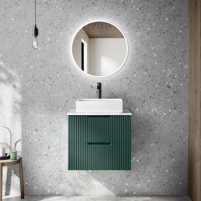Crete Fluted Mystic Green Wall Hung Drawer Vanity with Marble Top & Cody Basin 600mm
