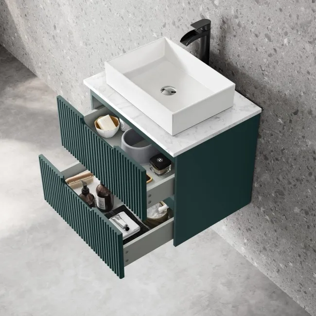 Crete Fluted Mystic Green Wall Hung Drawer Vanity with Marble Top & Cody Basin 600mm