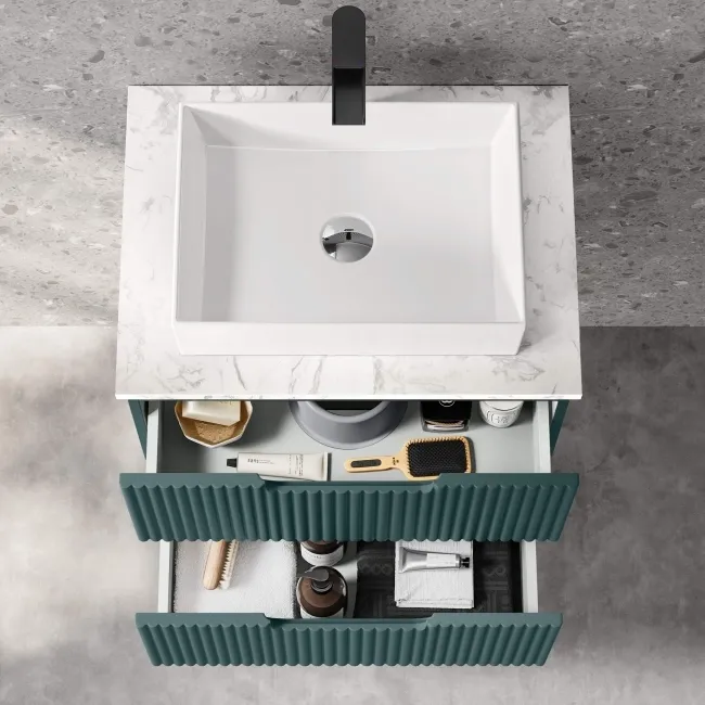Crete Fluted Mystic Green Wall Hung Drawer Vanity with Marble Top & Cody Basin 600mm