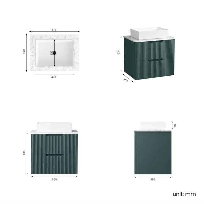 Crete Fluted Mystic Green Wall Hung Drawer Vanity with Marble Top & Cody Basin 600mm