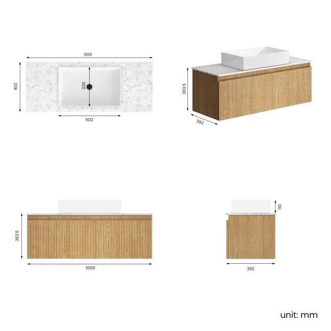 Malta Fluted Country Oak Wall Hung Drawer Vanity with Marble Top & Cody Basin 1000mm