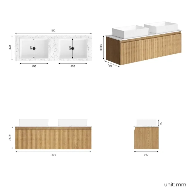 Malta Fluted Country Oak Double Wall Hung Drawer Vanity with Marble Top & Cody Basin 1200mm