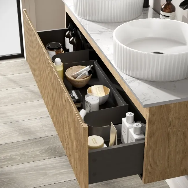 Malta Fluted Country Oak Double Wall Hung Drawer Vanity with Marble Top & Nevis Basin 1200mm