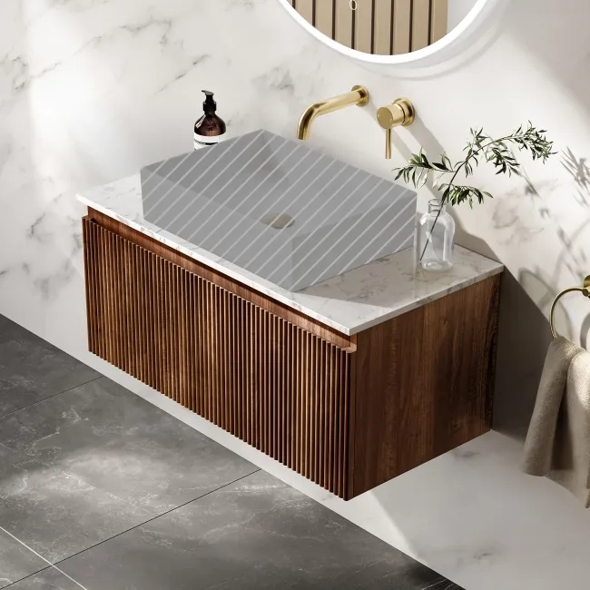 Malta Fluted Black Walnut Wall Hung Drawer Vanity with Marble Top 800mm - Excludes Counter Top Basin