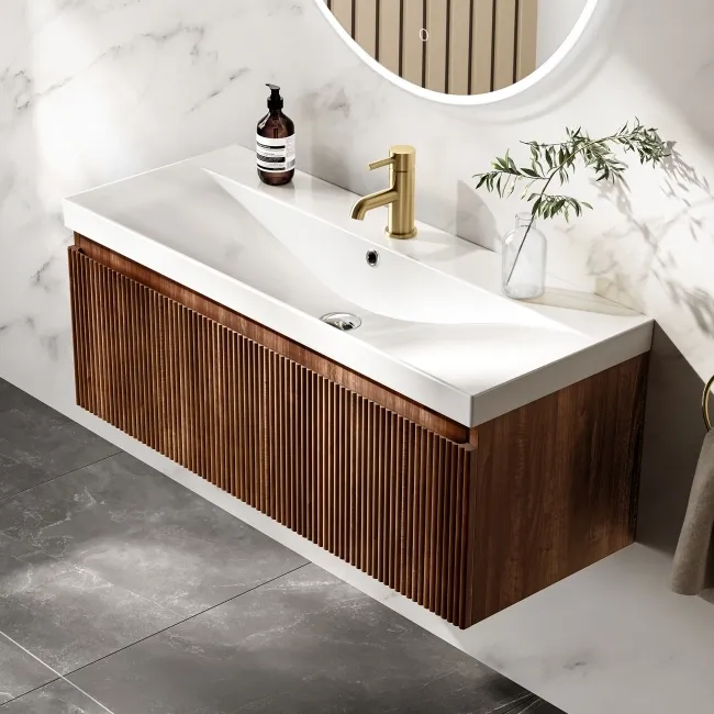 Malta Fluted Black Walnut Wall Hung Basin Drawer Vanity 1000mm