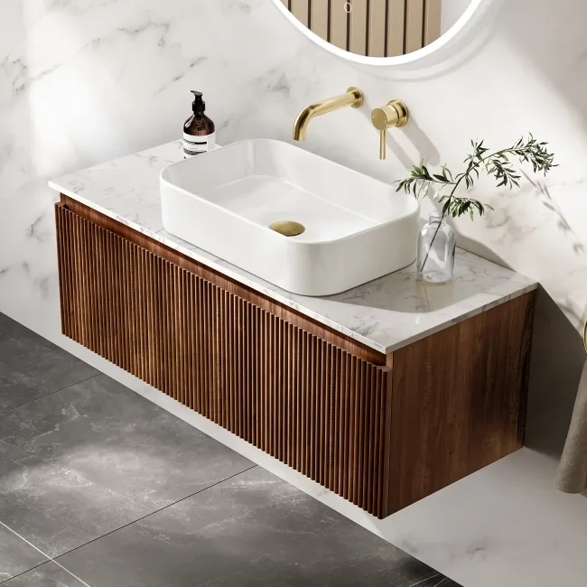 Malta Fluted Black Walnut Wall Hung Drawer Vanity with Marble Top & Marin Basin 1000mm
