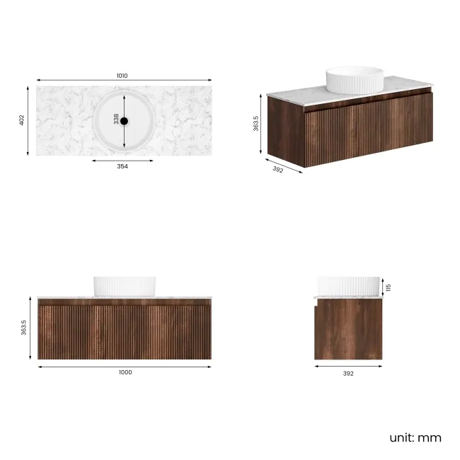 Malta Fluted Black Walnut Wall Hung Drawer Vanity with Marble Top & Nevis Basin 1000mm