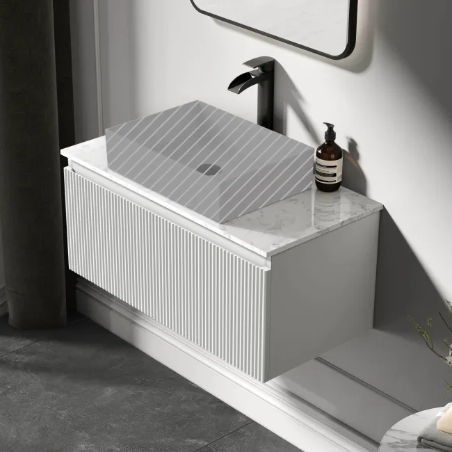 Malta Fluted Coastal White Wall Hung Drawer Vanity with Marble Top 800mm - Excludes Counter Top Basin