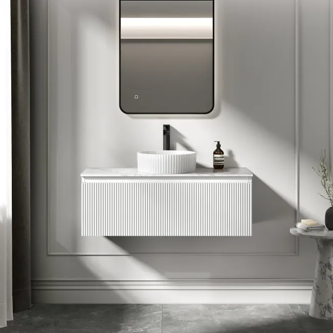 Malta Fluted Coastal White Wall Hung Drawer Vanity with Marble Top & Nevis Basin 1000mm