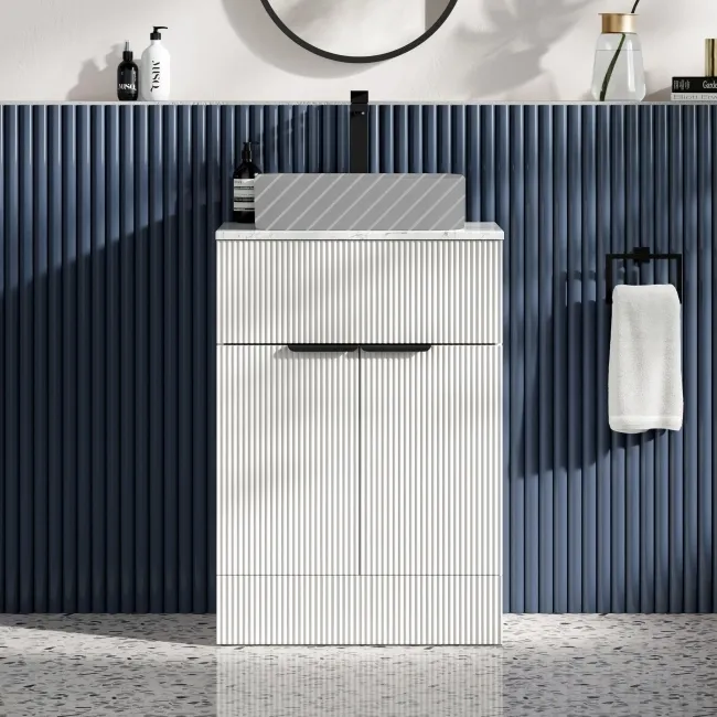Havana Fluted Coastal White Cabinet with Marble Top 600mm (Excludes Counter Top Basin) - Black Accents