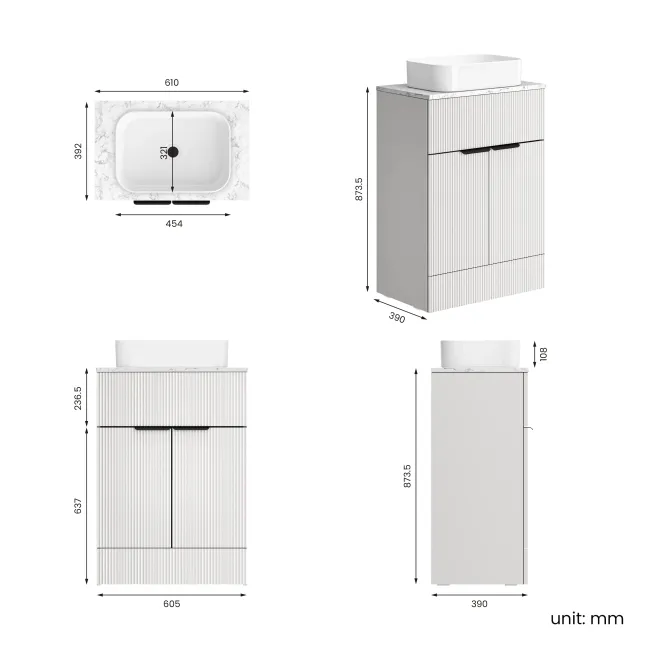 Havana Fluted Coastal White Cabinet with Marble Top & Marin Basin 600mm - Black Accents