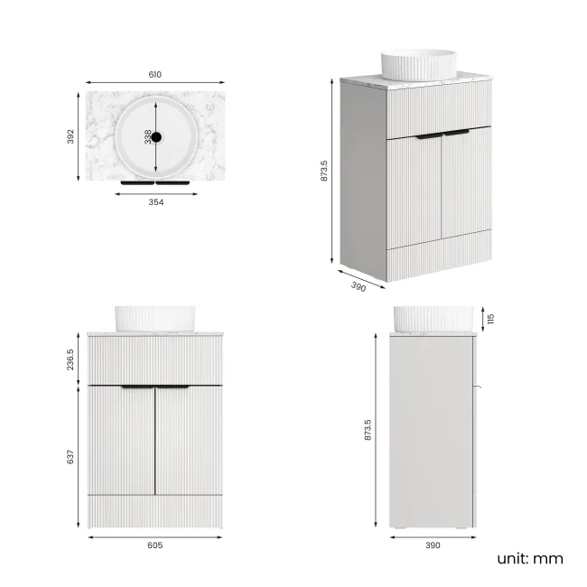 Havana Fluted Coastal White Cabinet with Marble Top & Nevis Basin 600mm - Black Accents