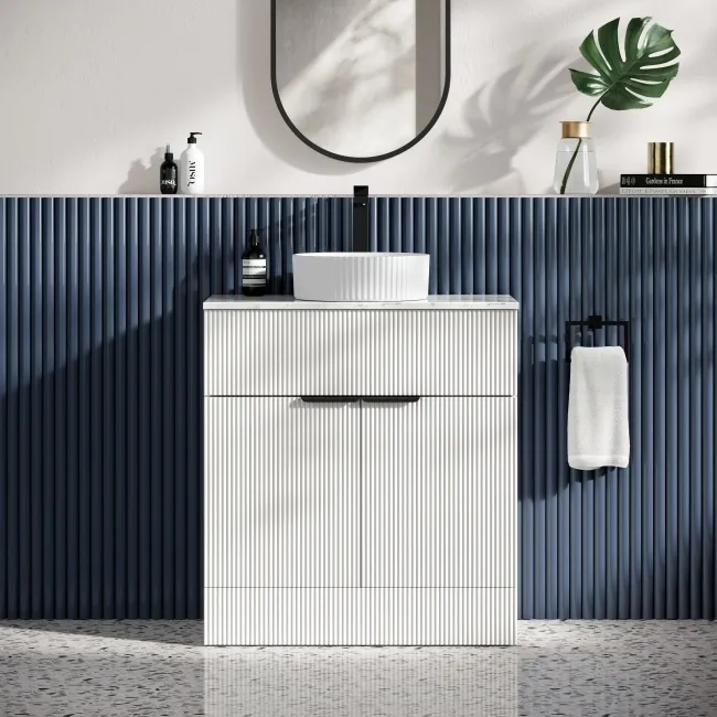 Havana Fluted Coastal White Cabinet with Marble Top & Nevis Basin 800mm - Black Accents
