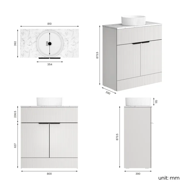 Havana Fluted Coastal White Cabinet with Marble Top & Nevis Basin 800mm - Black Accents