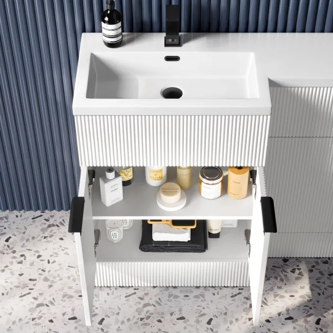 Havana Fluted Coastal White Combination Vanity Basin and Utah Comfort Height Toilet 1100mm - Black Accents - Left Handed