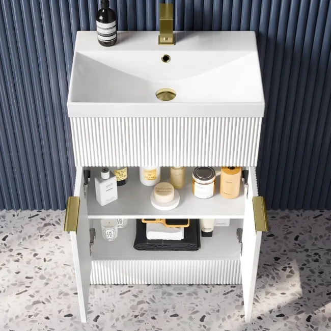 Havana Fluted Coastal White Basin Vanity 600mm - Brushed Brass Accents
