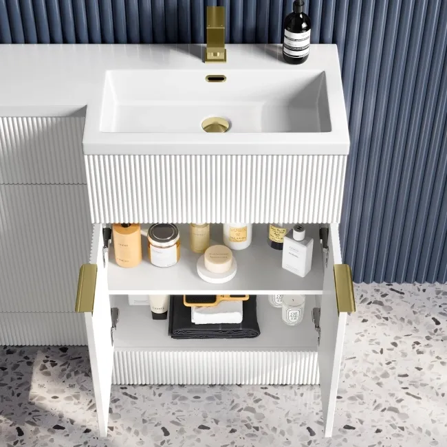 Havana Fluted Coastal White Basin Vanity and Back To Wall Toilet Unit 1100mm (Excludes Toilet) - Brushed Brass Accents - Right Handed