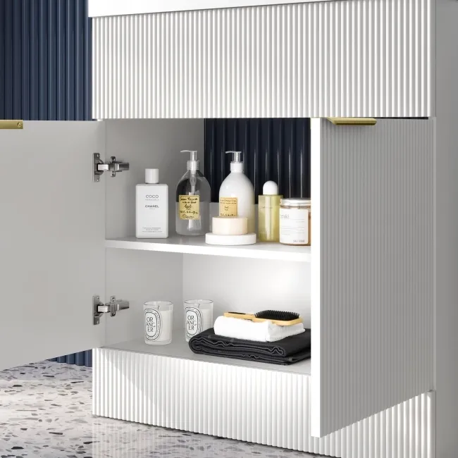 Havana Fluted Coastal White Basin Vanity and Back To Wall Toilet Unit 1300mm (Excludes Toilet) - Brushed Brass Accents