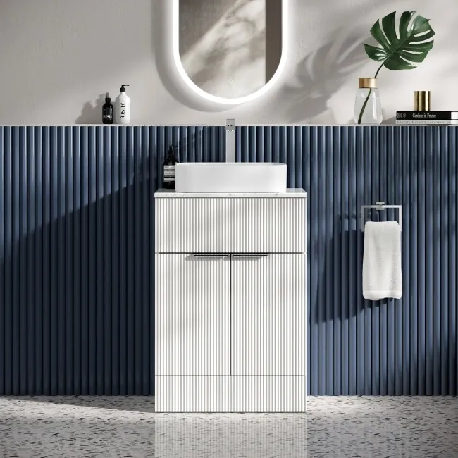 Havana Fluted Coastal White Cabinet with Marble Top & Marin Basin 600mm - Chrome Handles