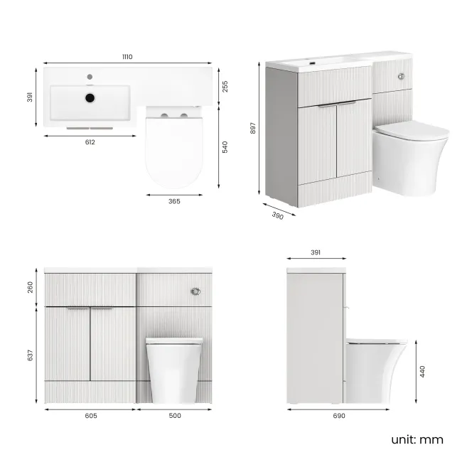 Havana Fluted Coastal White Combination Vanity Basin and Tucson Toilet 1100mm - Chrome Handles - Left Handed