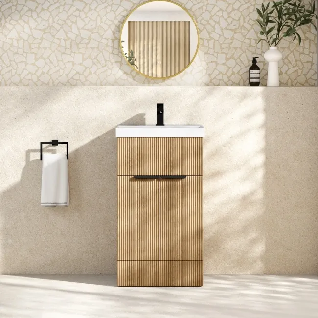 Havana Fluted Country Oak Basin Vanity 500mm - Black Accents