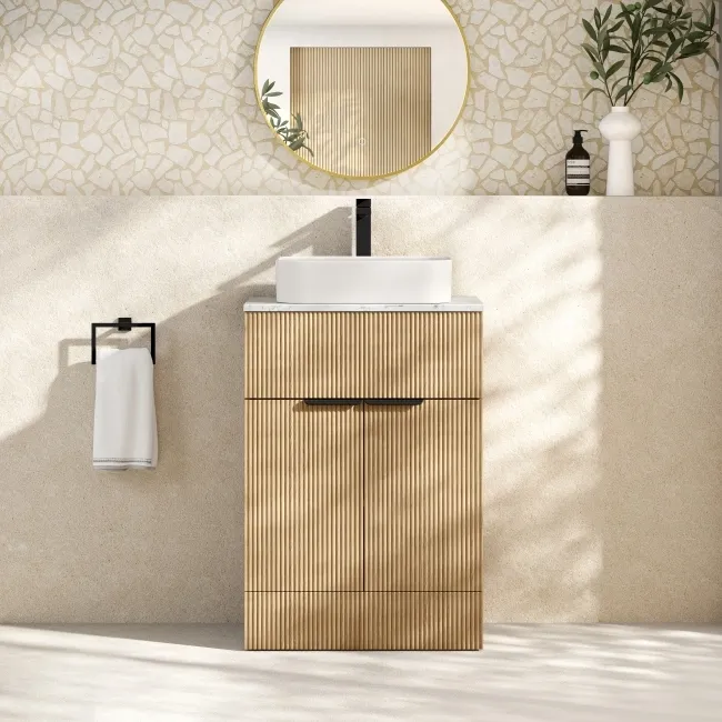 Havana Fluted Country Oak Cabinet with Marble Top & Marin Basin 600mm - Black Accents