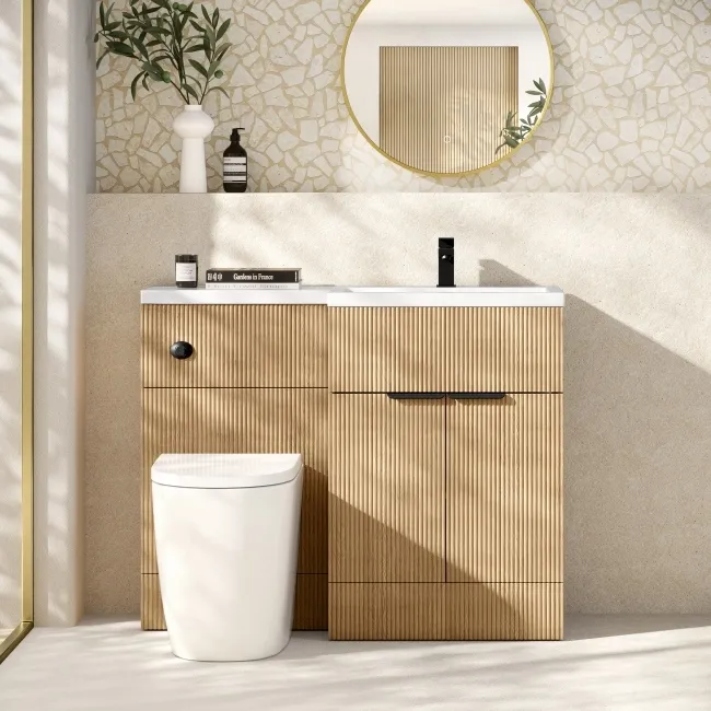 Havana Fluted Country Oak Combination Vanity Basin and Utah Comfort Height Toilet 1100mm - Black Accents - Right Handed