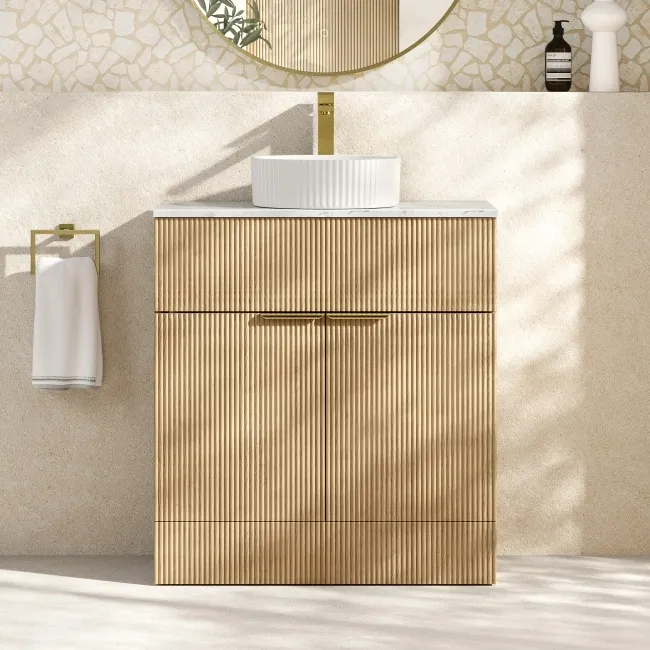 Havana Fluted Country Oak Cabinet with Marble Top & Nevis Basin 800mm - Brushed Brass Accents