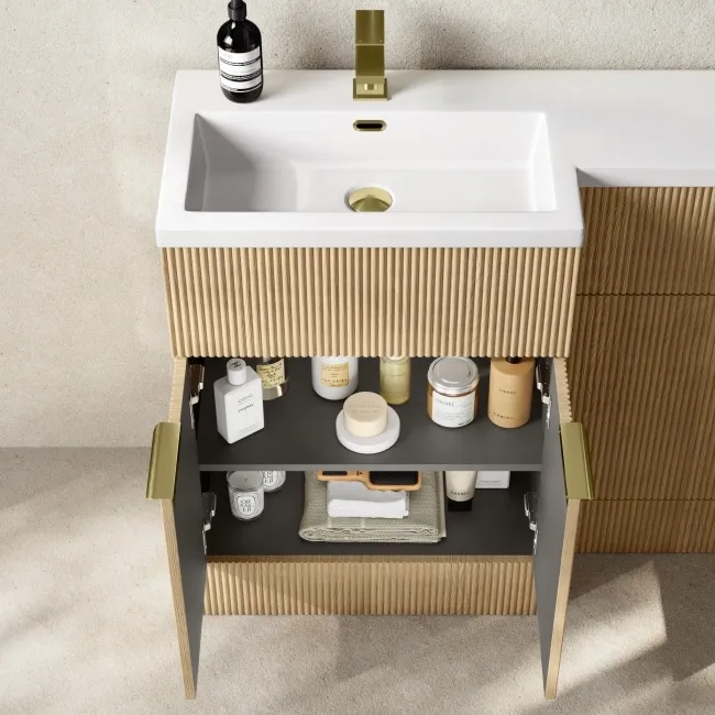 Havana Fluted Country Oak Basin Vanity and Back To Wall Toilet Unit 1100mm (Excludes Toilet) - Brushed Brass Accents - Left Handed
