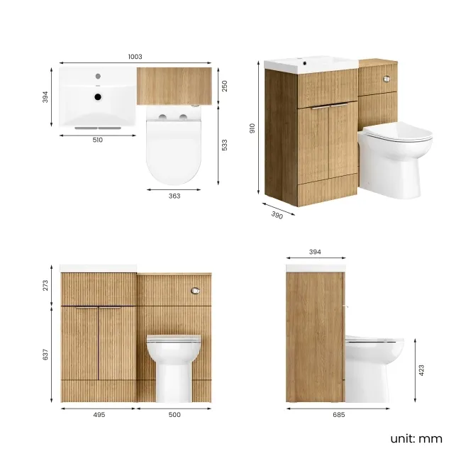 Havana Fluted Country Oak Combination Vanity Basin and Aruba Toilet 1000mm - Chrome Handles