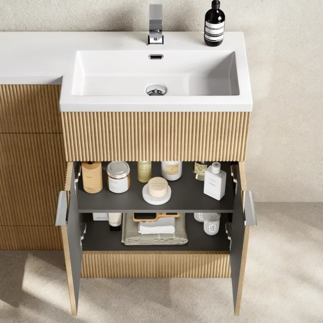 Havana Fluted Country Oak Basin Vanity and Back To Wall Toilet Unit 1100mm (Excludes Toilet) - Chrome Handles - Right Handed