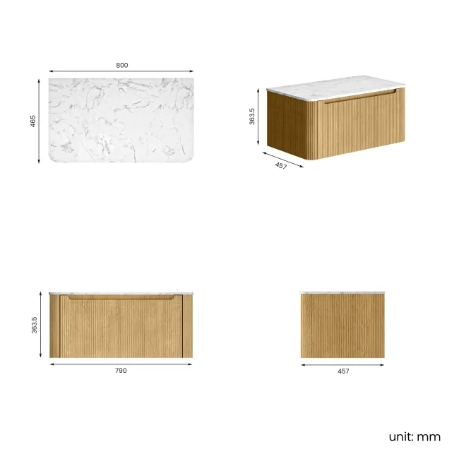 Sorrento Fluted Country Oak Wall Hung Drawer Vanity with Marble Top 800mm - Excludes Counter Top Basin