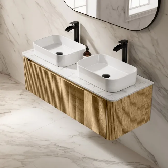 Sorrento Fluted Country Oak Double Wall Hung Drawer Vanity with Marble Top & Marin Basin 1200mm