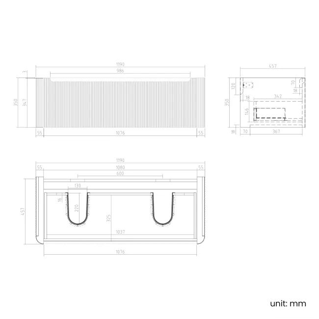 Sorrento Fluted Black Walnut Wall Hung Double Basin Drawer Vanity 1200mm