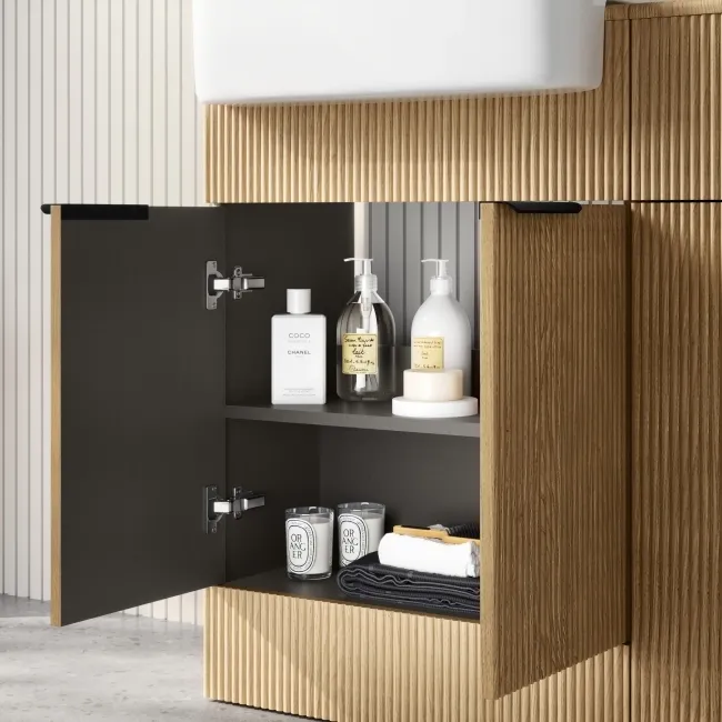 Sicily Fluted Country Oak Basin Vanity and Back To Wall Toilet Unit 1200mm (Excludes Toilet) - Black Accents