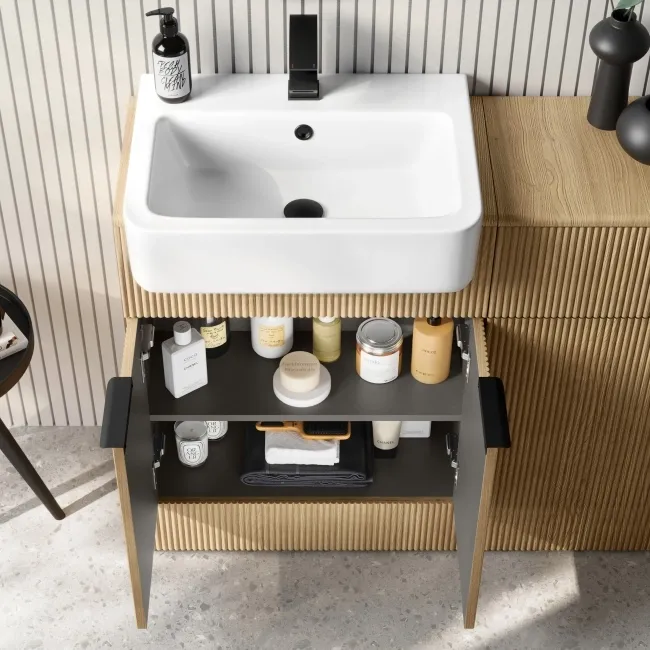 Sicily Fluted Country Oak Combination Vanity Basin and Miami Toilet 1200mm - Black Accents