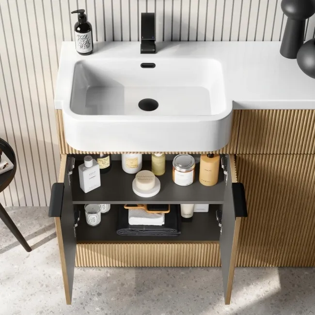 Sicily Fluted Country Oak Basin Vanity and Back To Wall Toilet Unit 1200mm (Excludes Toilet) - Black Accents - Left Handed