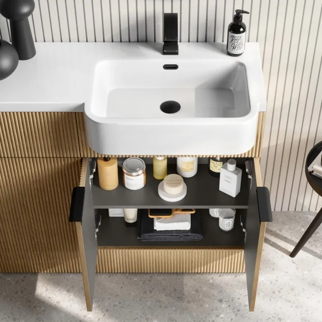 Sicily Fluted Country Oak Basin Vanity and Back To Wall Toilet Unit 1200mm (Excludes Toilet) - Black Accents - Right Handed