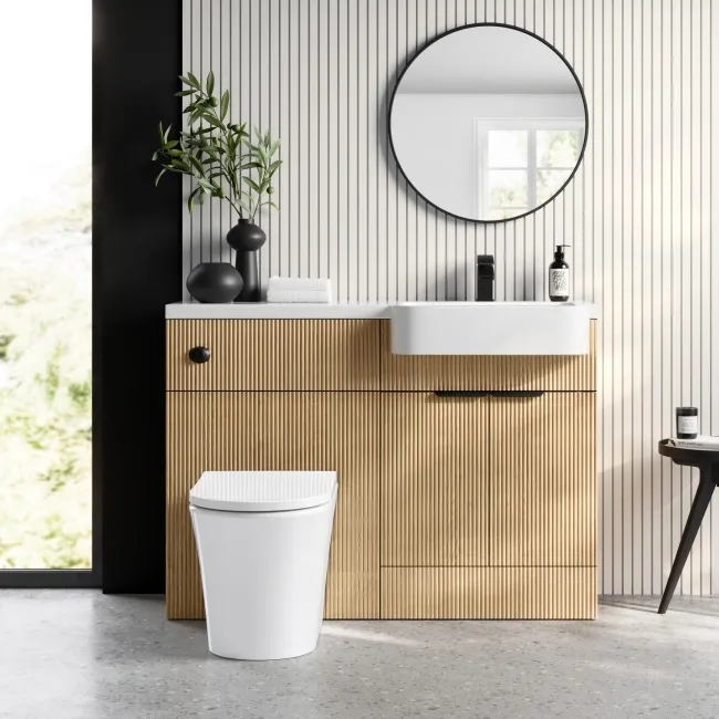 Sicily Fluted Country Oak Combination Vanity Basin and Tucson Toilet 1200mm - Black Accents - Right Handed