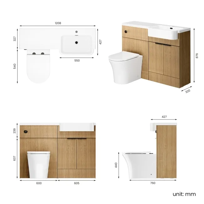 Sicily Fluted Country Oak Combination Vanity Basin and Tucson Toilet 1200mm - Black Accents - Right Handed