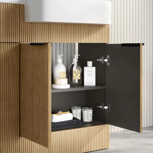 Sicily Fluted Country Oak Combination Vanity Basin and Utah Comfort Height Toilet 1200mm - Black Accents - Right Handed