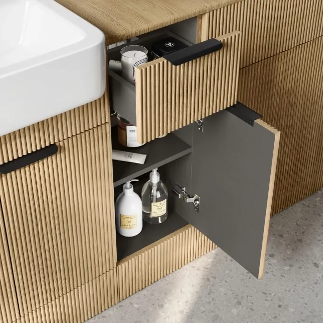 Sicily Fluted Country Oak Combination Vanity Basin 1500mm (Excludes Toilet) - Black Accents