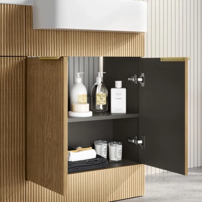 Sicily Fluted Country Oak Basin Vanity and Back To Wall Toilet Unit 1200mm (Excludes Toilet) - Brushed Brass Accents - Right Handed