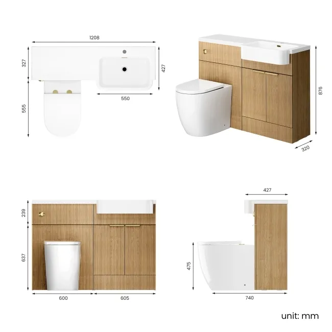 Sicily Fluted Country Oak Combination Vanity Basin and Utah Comfort Height Toilet 1200mm - Brushed Brass Accents - Right Handed