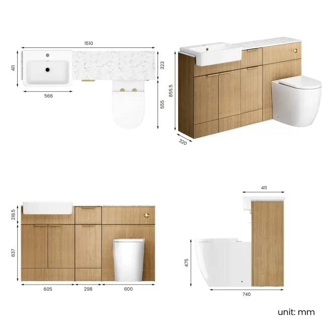 Sicily Fluted Country Oak Combination Vanity Basin with Marble Top & Utah Comfort Height Toilet 1500mm - Brushed Brass Accents