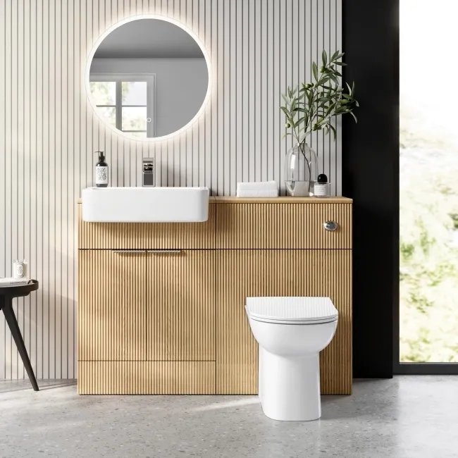 Sicily Fluted Country Oak Combination Vanity Basin and Aruba Toilet 1200mm - Chrome Handles