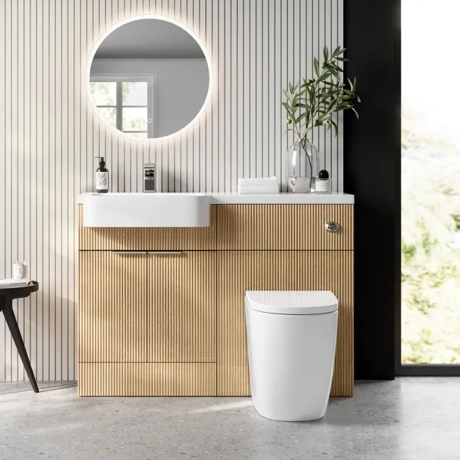 Sicily Fluted Country Oak Combination Vanity Basin and Utah Comfort Height Toilet 1200mm - Chrome Handles - Left Handed